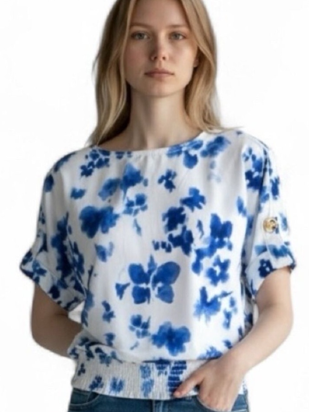 Michael Kors Blue and White Floral Blouse Draped Sleeves and Gathered Waist Sz L